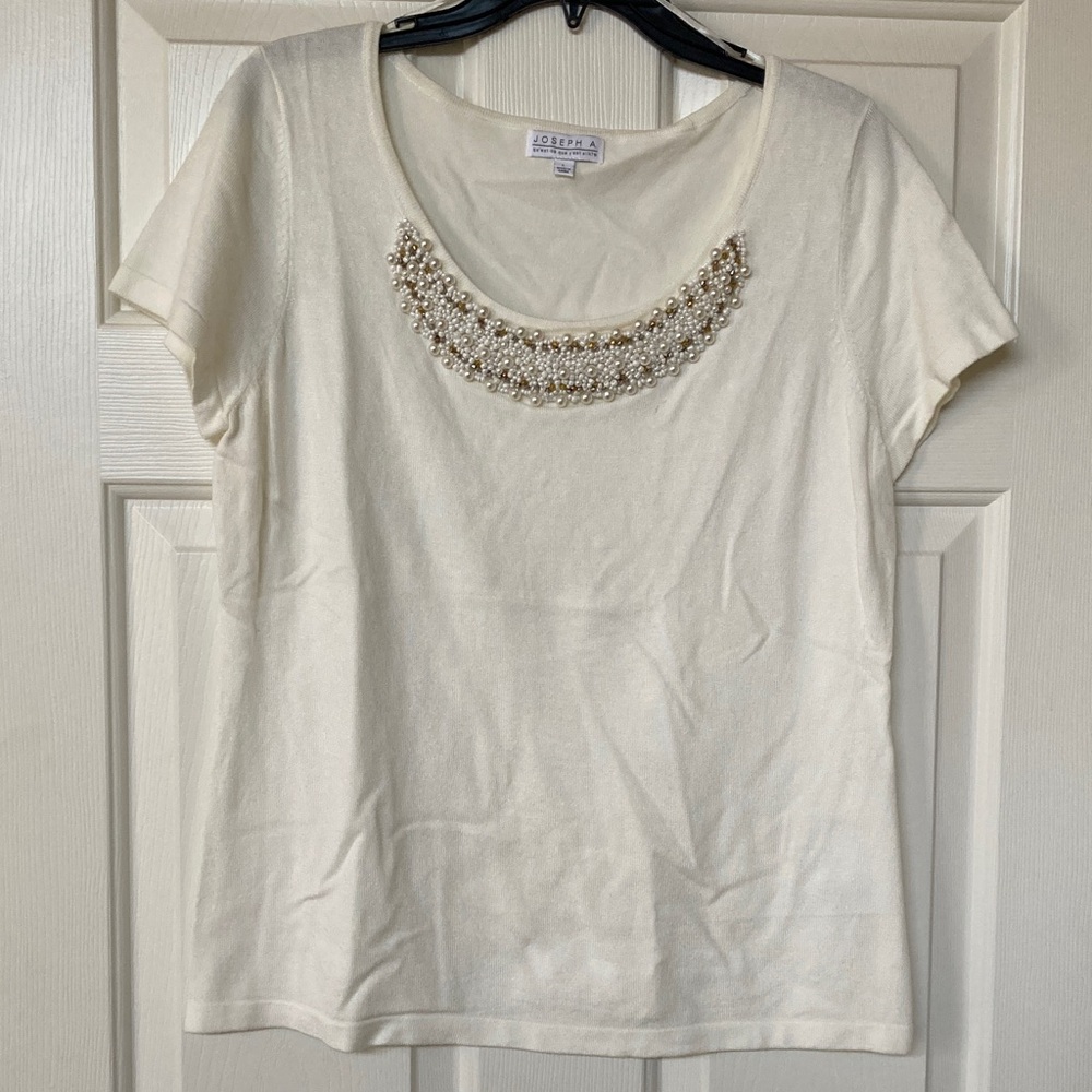 Joseph A Cream Scoop Neck Short Sleeve Top with Pearl & Bead Trim